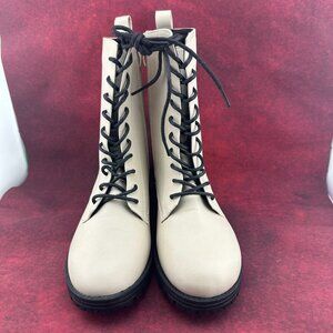 SHELN COMBAT BOOTS LUG SOLE IVORY, MID-CALF, LACE-UP, ZIPPER, BLOCK HEEL, SIZE 9